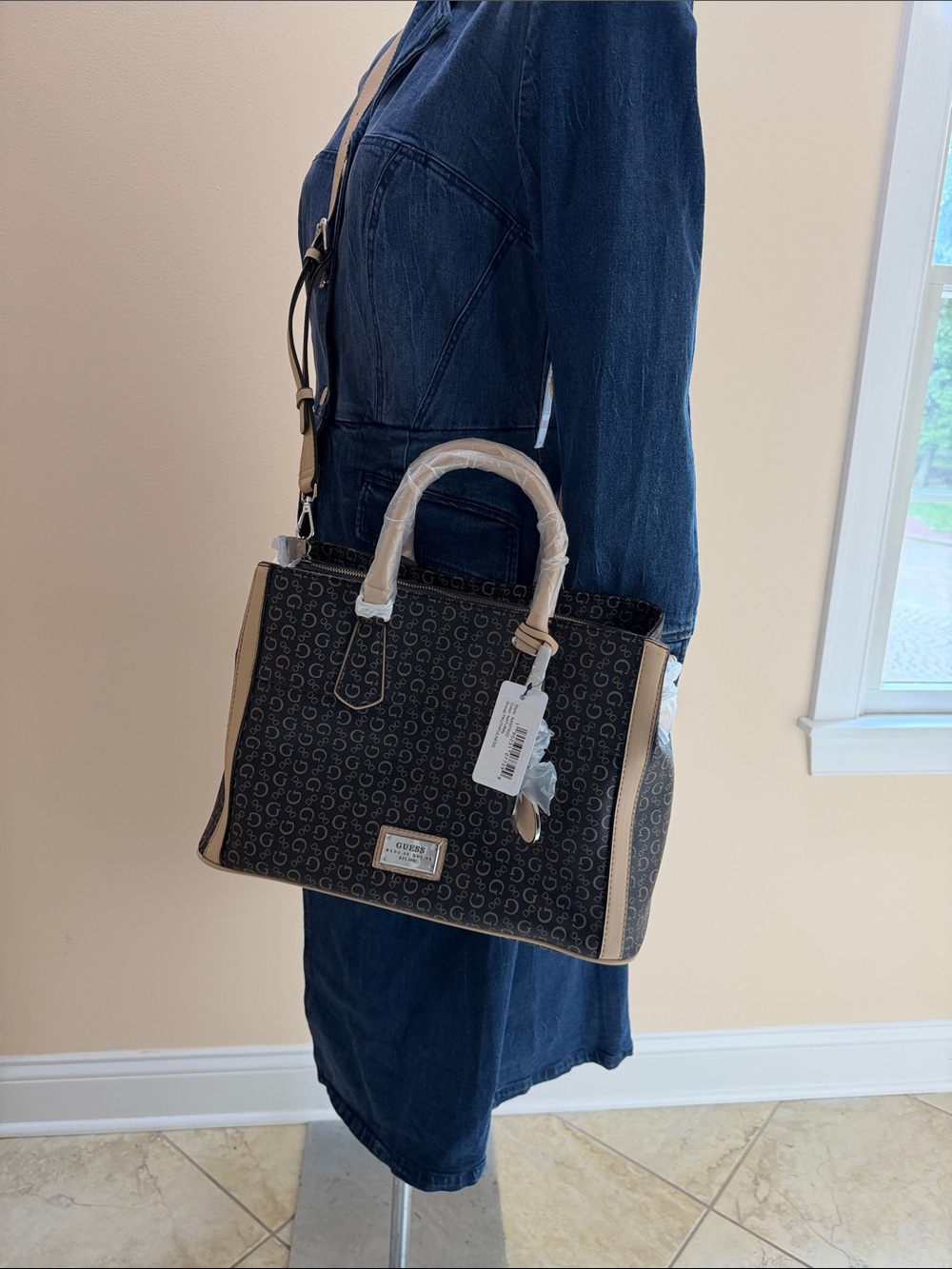 GUESS Black & Beige Monogram Satchel with Contrast Trim